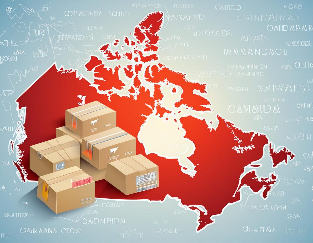 A visual representation of cost-effective parcel forwarding in Canada, featuring shipping boxes, money-saving symbols, a map of Canada, and a depiction of cross-border shipping.