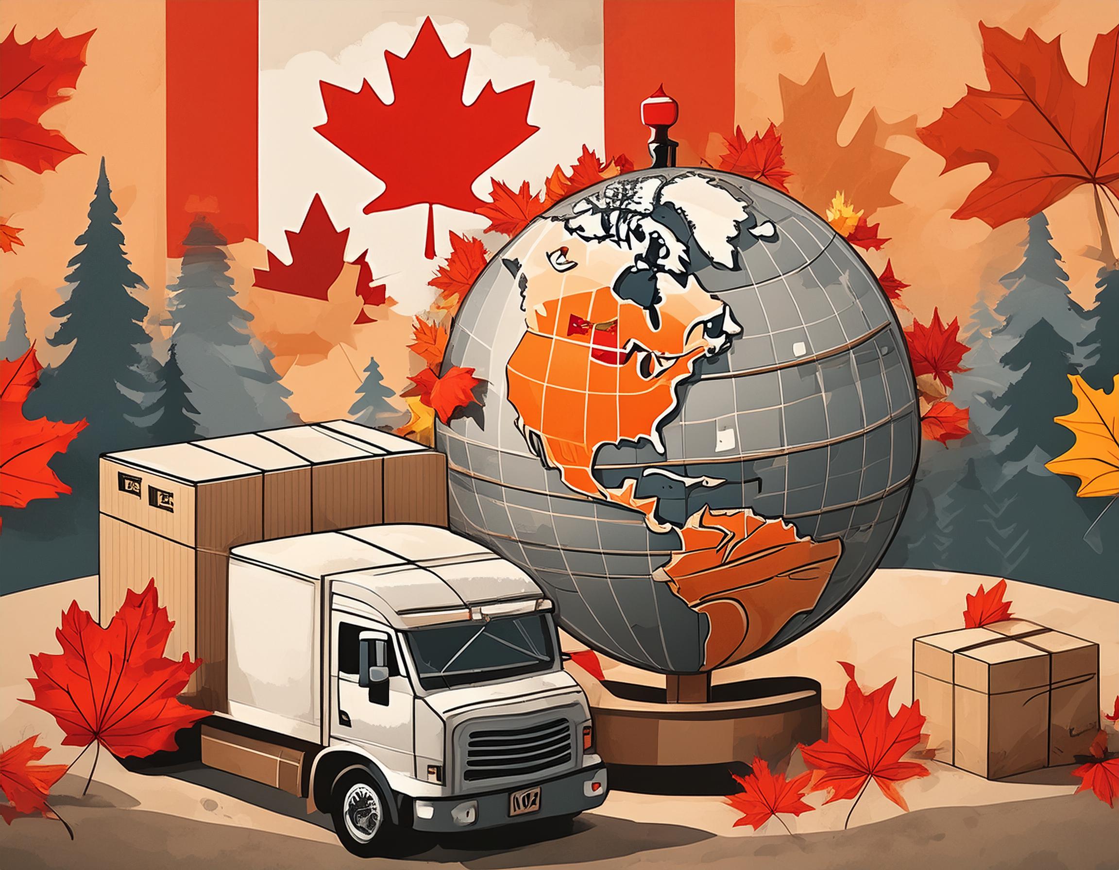 Collage of essential Canadian products including ketchup chips, Smarties, Tim Hortons coffee, cough syrups, vitamins, Canadian books and magazines, Roots clothing, Canada Goose jackets, and Lululemon athletic wear with elements of parcel forwarding.