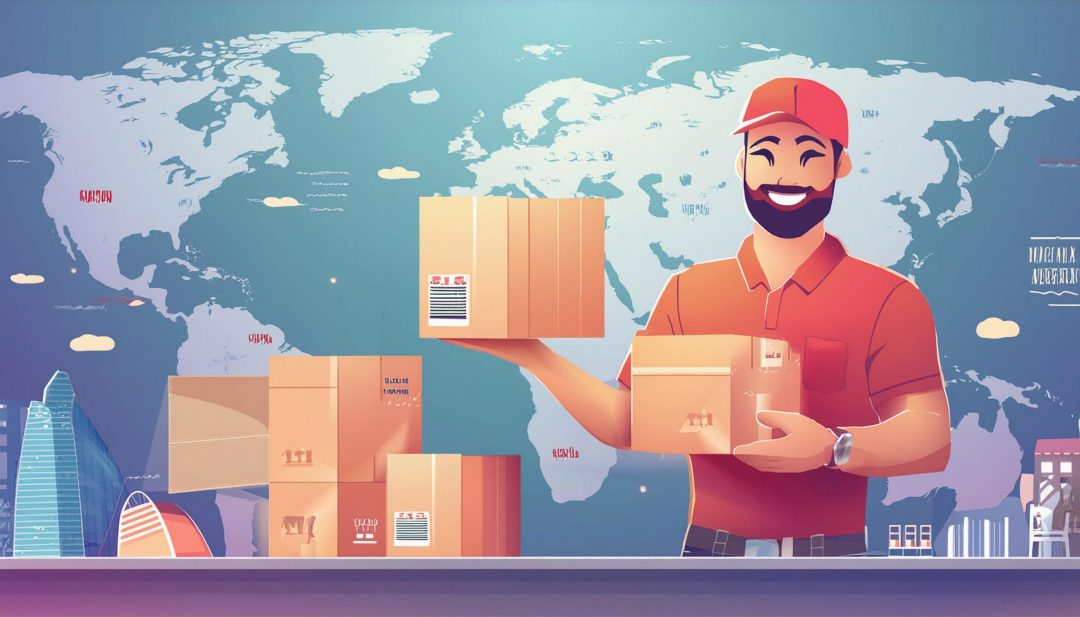 Illustration depicting a happy customer receiving a package from a Mexico-based parcel forwarder, with symbols of online shopping and global shipping routes in the background.