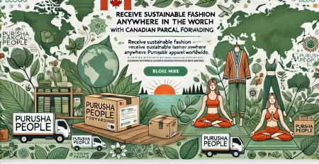 Banner for Canadian parcel forwarding service helping customers receive Purusha People’s sustainable yoga apparel worldwide, featuring a shipping box, world map, and green leaves, emphasizing eco-friendly and global shipping themes.