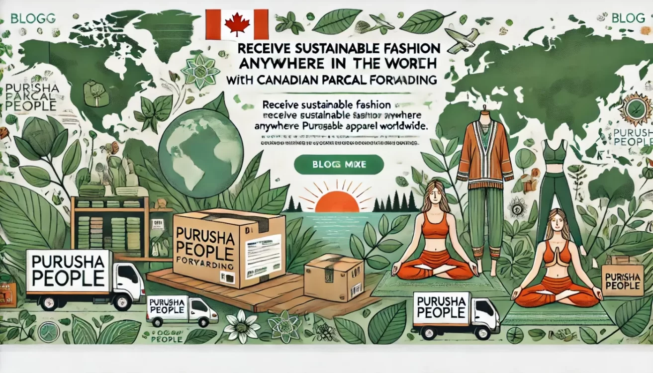 Banner for Canadian parcel forwarding service helping customers receive Purusha People’s sustainable yoga apparel worldwide, featuring a shipping box, world map, and green leaves, emphasizing eco-friendly and global shipping themes.