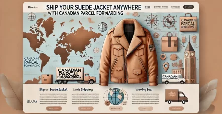 Banner for Canadian parcel forwarding service shipping suede jackets worldwide, featuring a suede jacket, shipping box, world map, and logistics icons with a soft, earthy color palette.