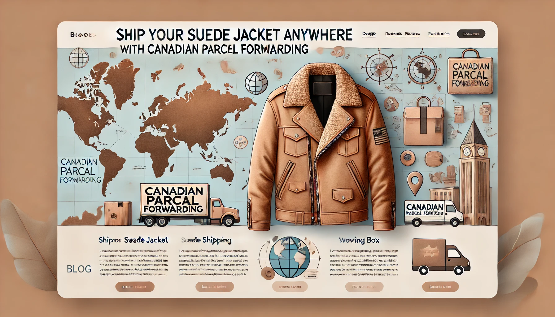 Banner for Canadian parcel forwarding service shipping suede jackets worldwide, featuring a suede jacket, shipping box, world map, and logistics icons with a soft, earthy color palette.