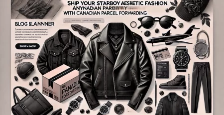 Banner for Canadian parcel forwarding service shipping Starboy aesthetic fashion items, featuring a leather jacket, sunglasses, bold accessories, and a shipping box with dark tones representing the edgy Starboy style.