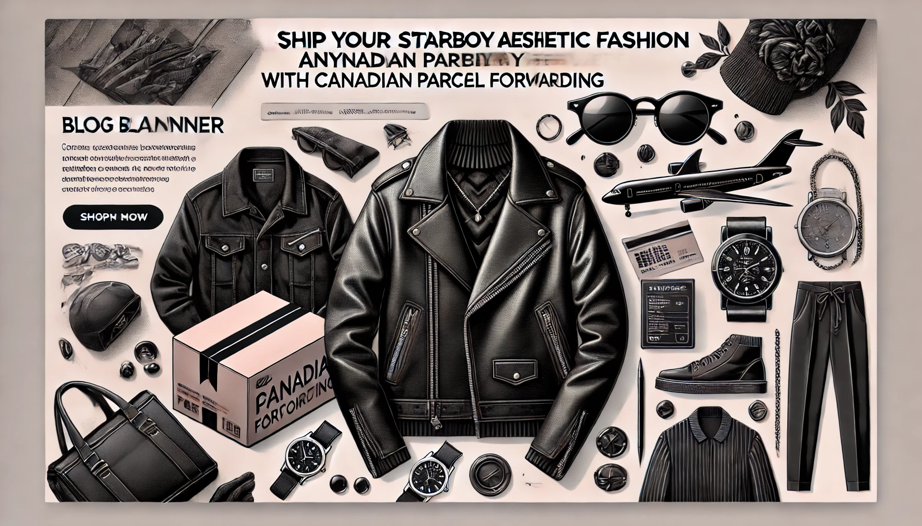 Banner for Canadian parcel forwarding service shipping Starboy aesthetic fashion items, featuring a leather jacket, sunglasses, bold accessories, and a shipping box with dark tones representing the edgy Starboy style.