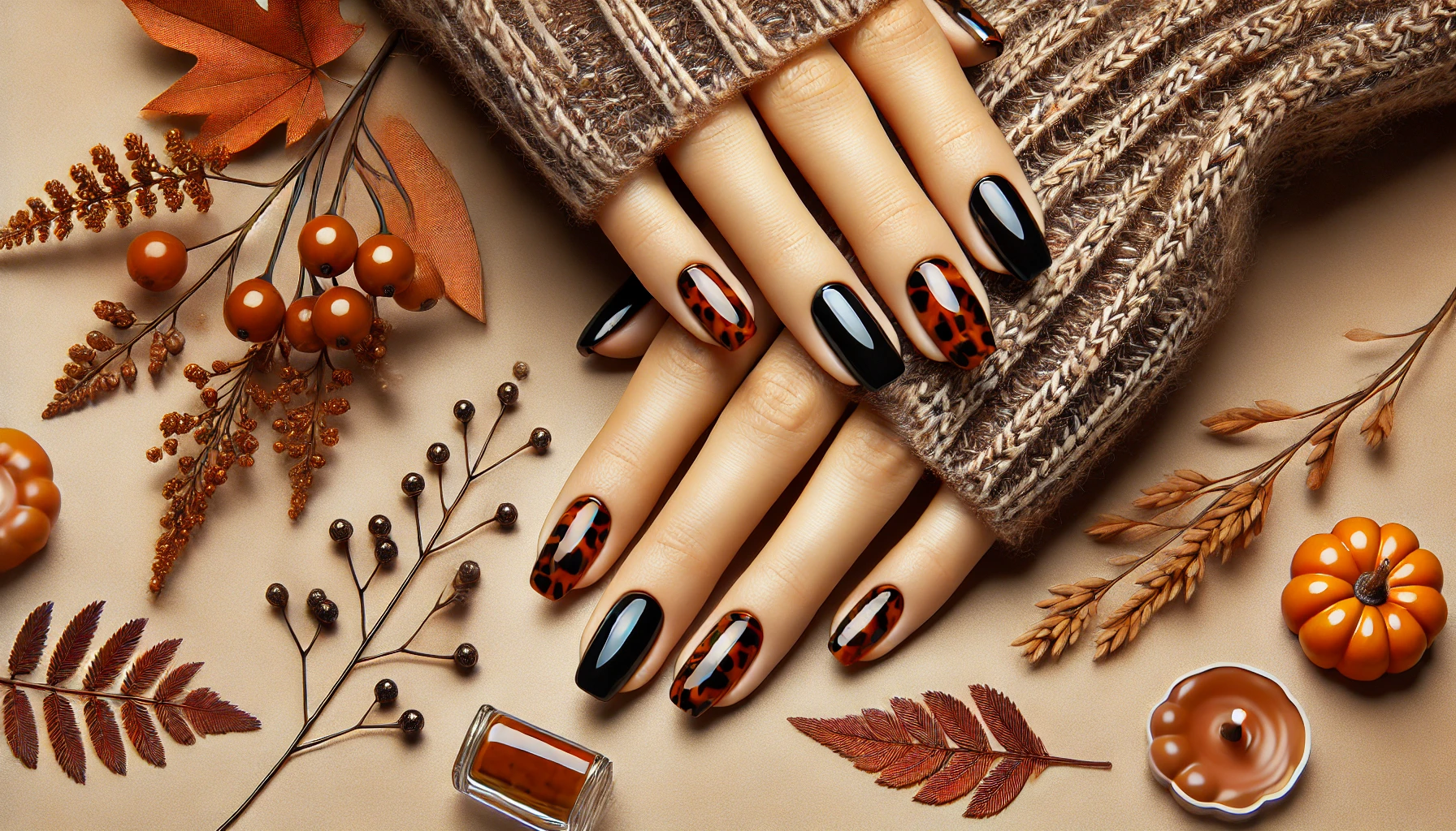 Stylish hands with tortoise shell manicure in warm, autumn tones, set against a cozy fall-themed background.