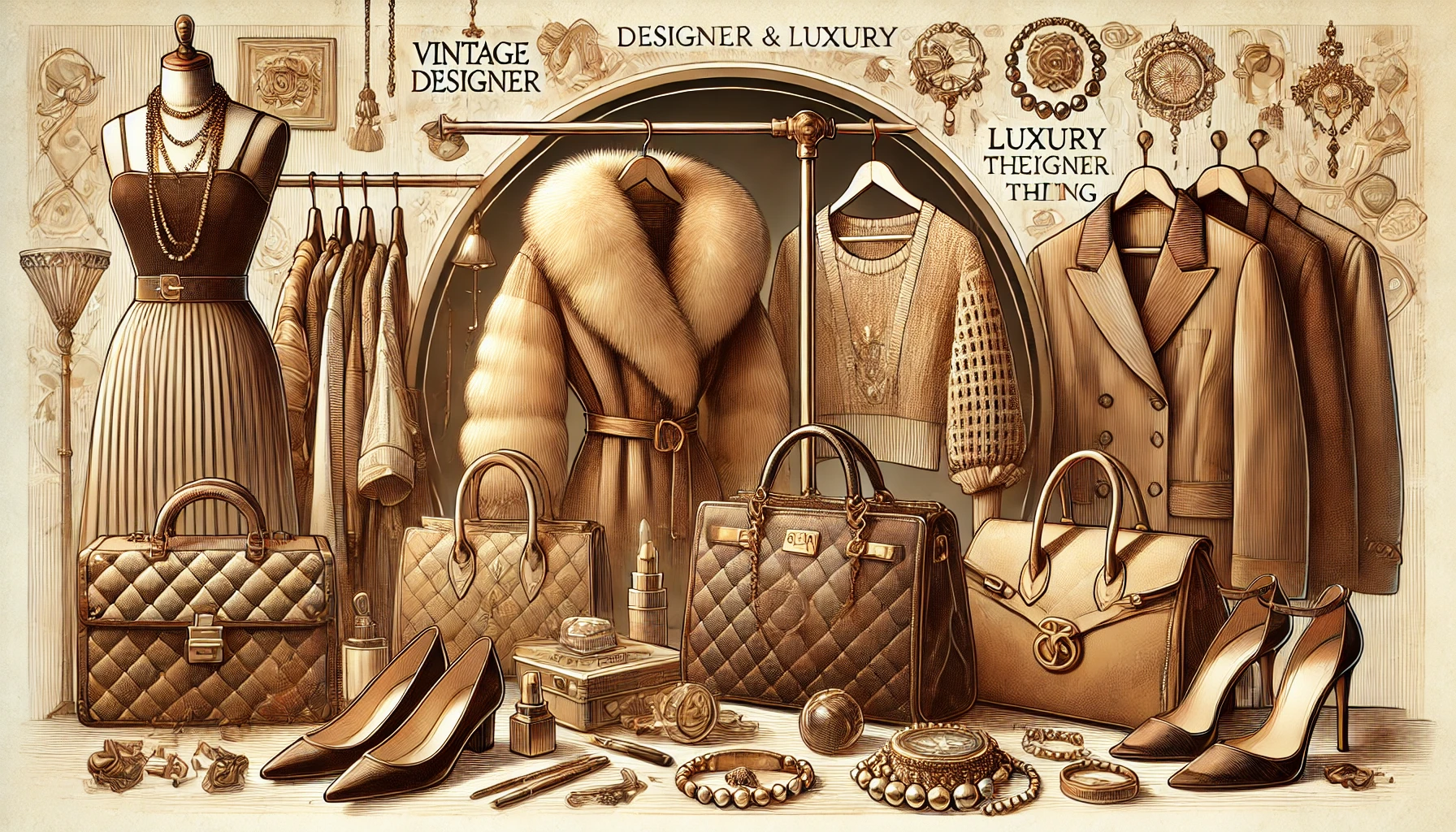 Vintage luxury thrifting items, including designer handbags, clothing, and accessories displayed in a sophisticated setting."