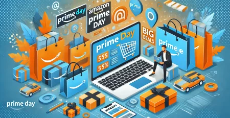 Vibrant banner image for Amazon Prime Day, featuring shopping bags, packages, and a laptop showing deals, with blue and orange colors.