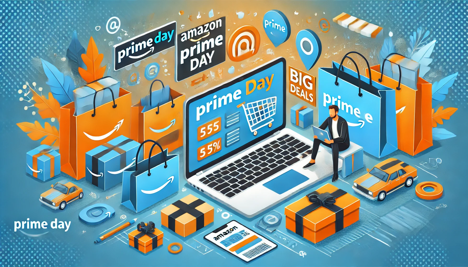 Vibrant banner image for Amazon Prime Day, featuring shopping bags, packages, and a laptop showing deals, with blue and orange colors.