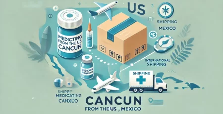 Professional banner image for shipping medication from the US to Cancun, featuring a medication bottle, shipping box, and a map route from the US to Cancun.