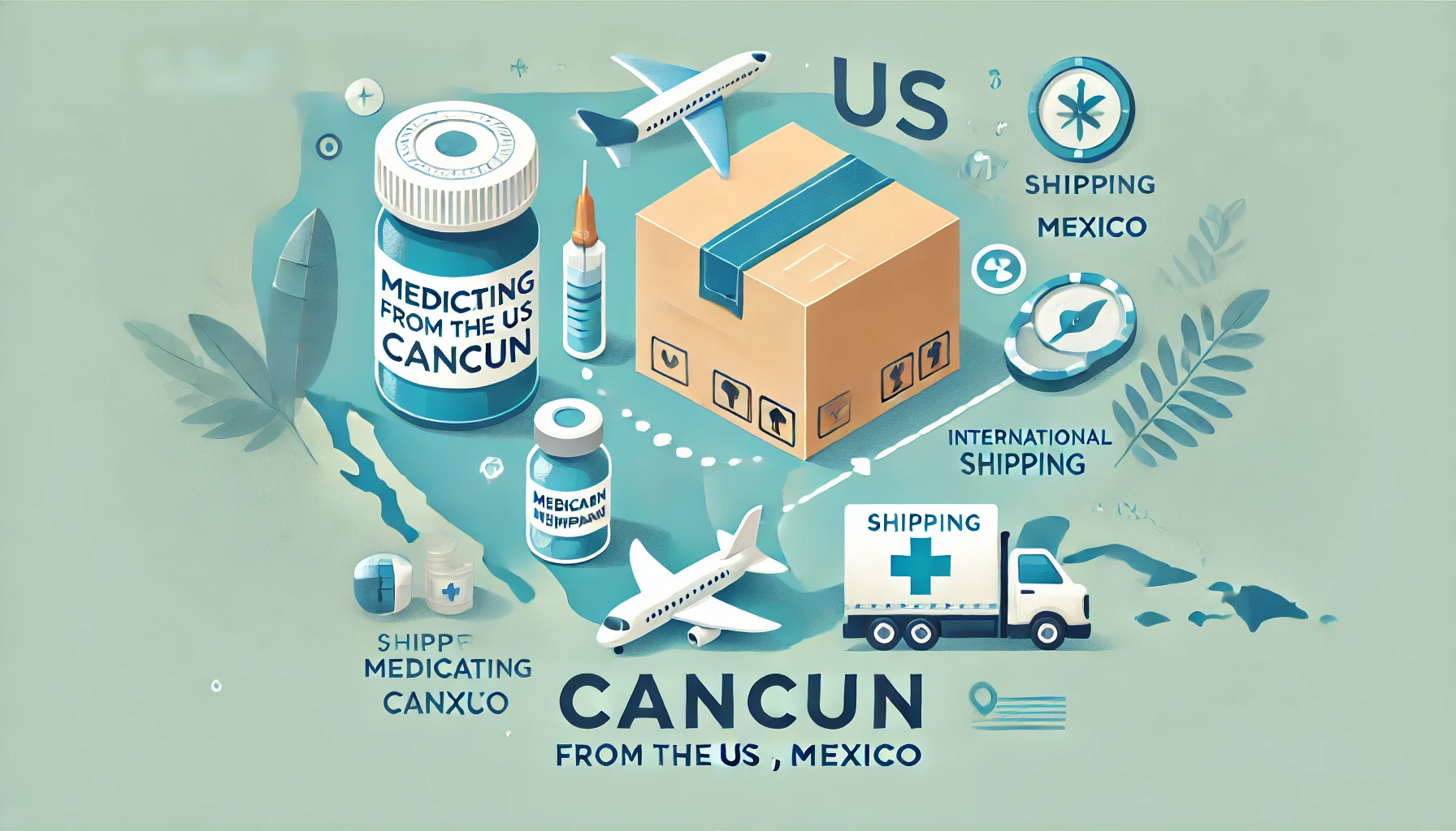 Professional banner image for shipping medication from the US to Cancun, featuring a medication bottle, shipping box, and a map route from the US to Cancun.