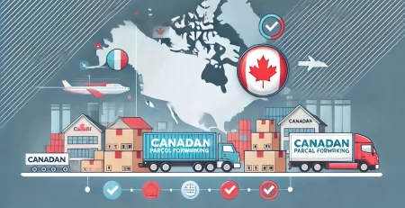 A professional banner featuring shipping boxes, cargo containers, and a Canadian flag subtly in the background, representing reliable parcel forwarding services.