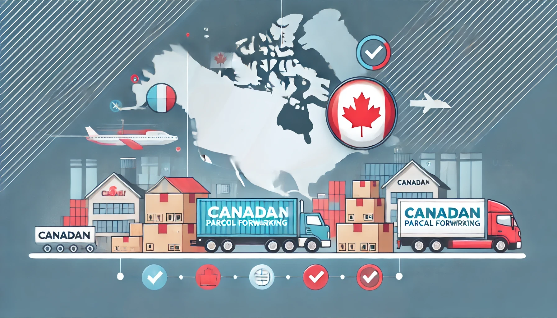 A professional banner featuring shipping boxes, cargo containers, and a Canadian flag subtly in the background, representing reliable parcel forwarding services.