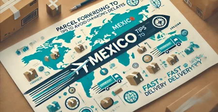 Banner for an article on parcel forwarding to Mexico, featuring icons of packages, a world map highlighting Mexico, and a fast delivery symbol. The banner uses blue, green, and white colors, representing reliability and speed.