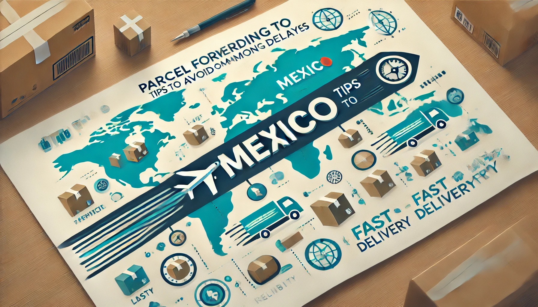 Banner for an article on parcel forwarding to Mexico, featuring icons of packages, a world map highlighting Mexico, and a fast delivery symbol. The banner uses blue, green, and white colors, representing reliability and speed.