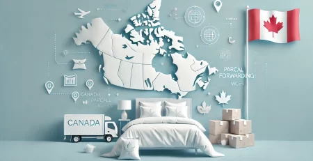 Modern blog banner featuring icons of bedding items like pillows, sheets, and duvets, along with package symbols and a map of Canada, representing parcel forwarding services. The banner uses soft, calming colors like light blue and white to evoke comfort and reliability."