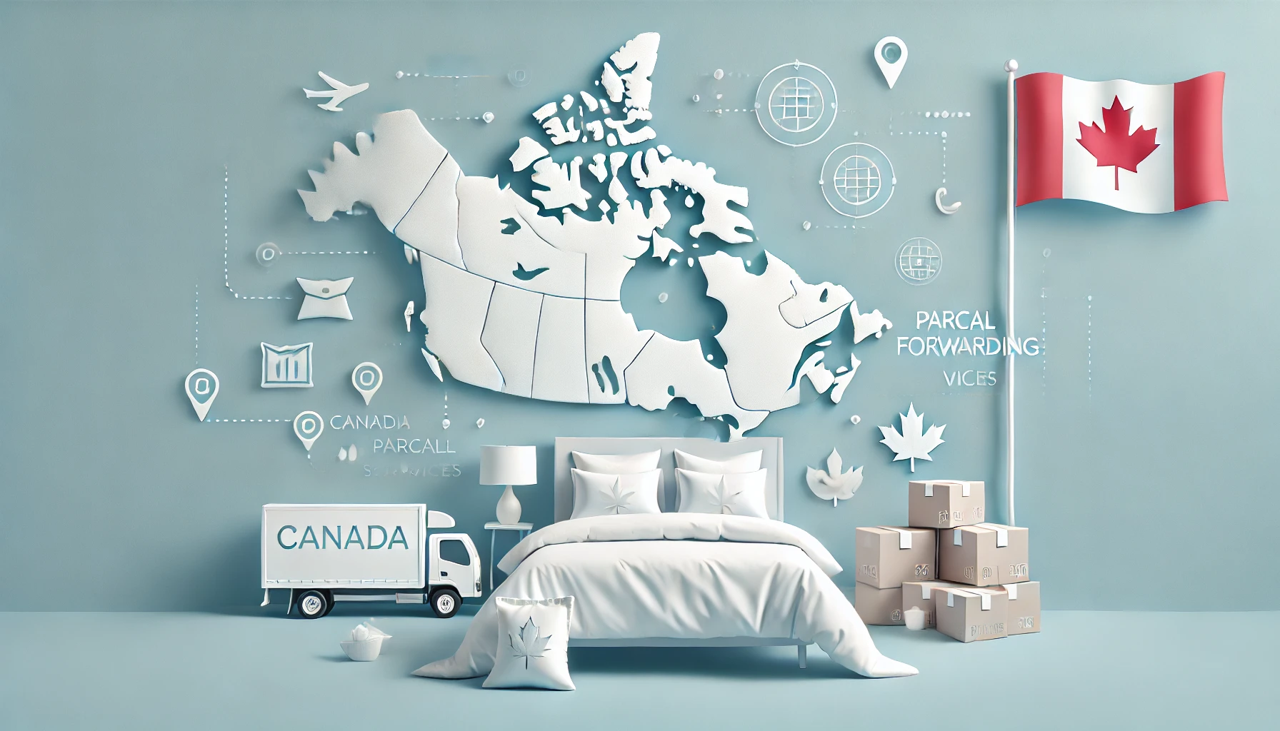 Modern blog banner featuring icons of bedding items like pillows, sheets, and duvets, along with package symbols and a map of Canada, representing parcel forwarding services. The banner uses soft, calming colors like light blue and white to evoke comfort and reliability."