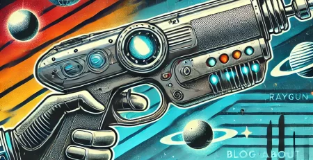 Futuristic raygun with a retro sci-fi background featuring stars, space elements, and metallic textures in dark blue, metallic silver, and vibrant neon colors