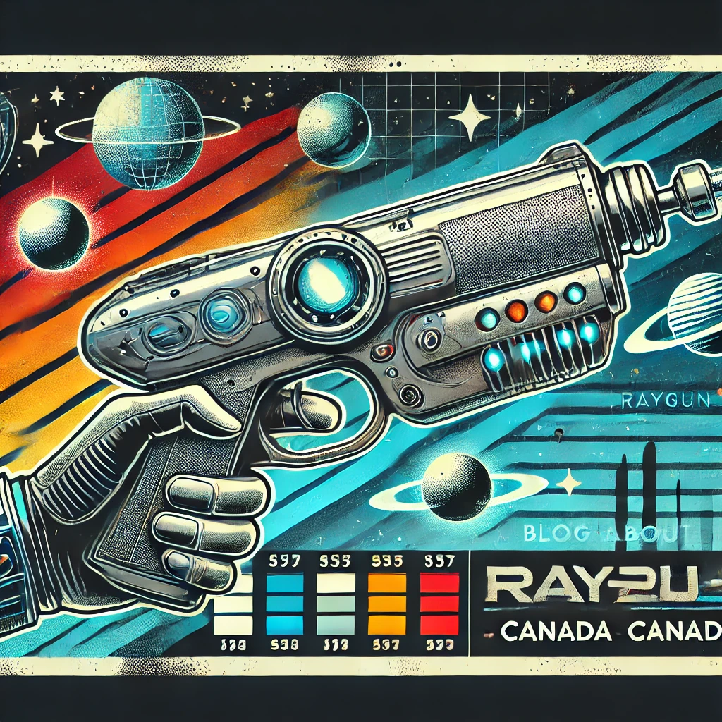 Futuristic raygun with a retro sci-fi background featuring stars, space elements, and metallic textures in dark blue, metallic silver, and vibrant neon colors