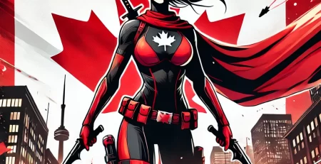 Dynamic banner featuring a female superhero silhouette in red and black, wielding twin swords, with a cityscape and comic-style explosion in the background. No cape.