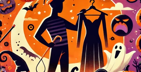 Halloween-themed banner featuring a silhouette of a person holding a costume, surrounded by pumpkins, ghosts, and bats with a spooky yet playful background in shades of orange, black, and purple.