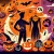 Halloween-themed banner featuring a silhouette of a person holding a costume, surrounded by pumpkins, ghosts, and bats with a spooky yet playful background in shades of orange, black, and purple.