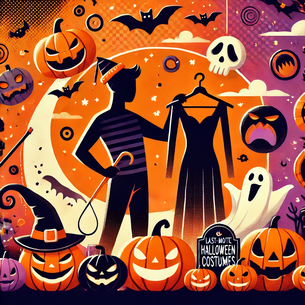 Halloween-themed banner featuring a silhouette of a person holding a costume, surrounded by pumpkins, ghosts, and bats with a spooky yet playful background in shades of orange, black, and purple.