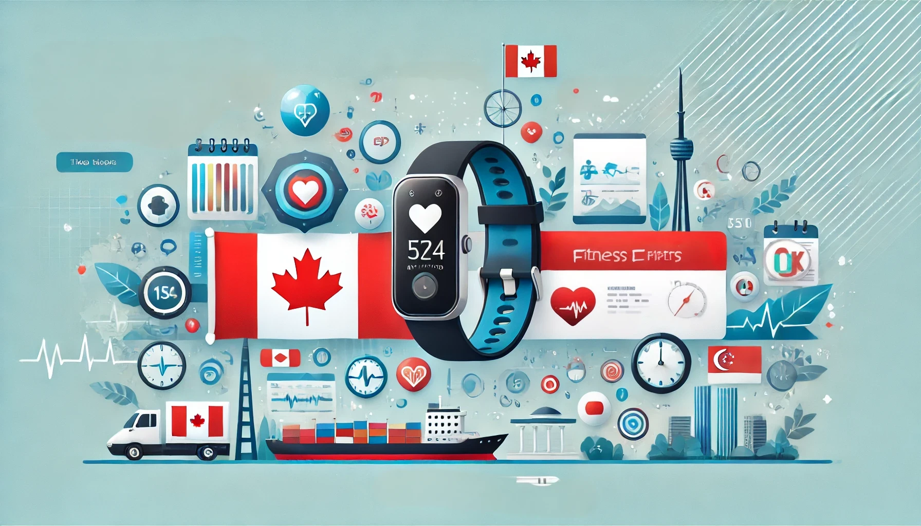 Banner image showcasing fitness trackers, global shipping from Canada to Singapore with health-related icons and visuals of Canadian and Singaporean elements.