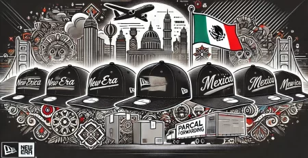 Banner image featuring New Era caps in various designs, with subtle Mexican-themed elements and hints of parcel forwarding, such as a parcel box and U.S. landmarks.