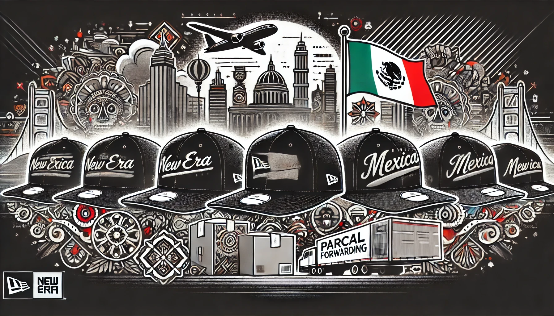 Banner image featuring New Era caps in various designs, with subtle Mexican-themed elements and hints of parcel forwarding, such as a parcel box and U.S. landmarks.