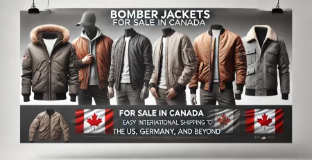 Banner for blog titled 'Bomber Jackets for Sale in Canada,' featuring images of stylish bomber jackets with a Canadian flag in a modern, minimalist design