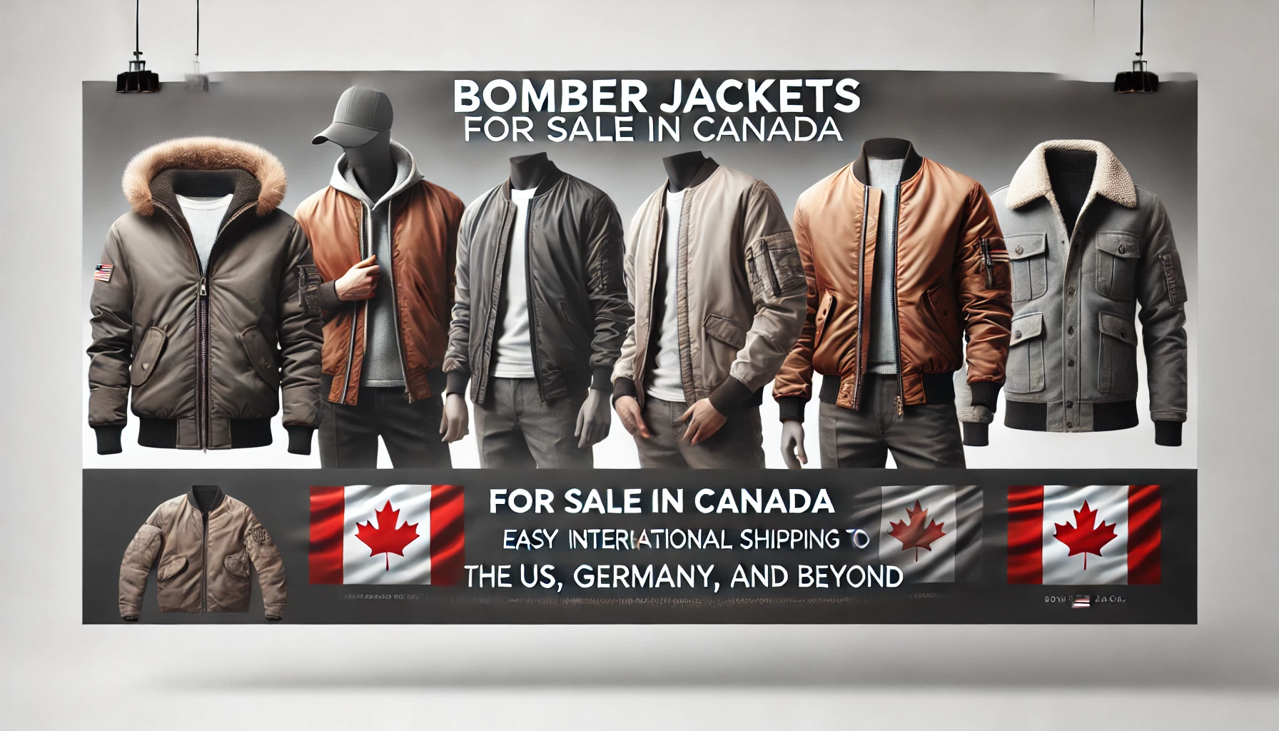 Banner for blog titled 'Bomber Jackets for Sale in Canada,' featuring images of stylish bomber jackets with a Canadian flag in a modern, minimalist design