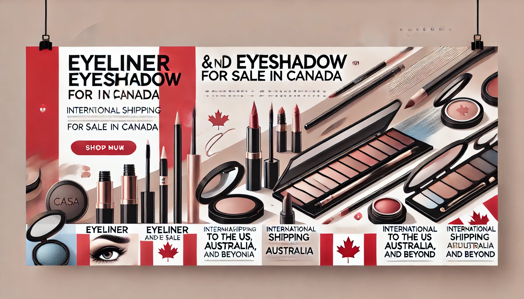 Banner for a blog titled 'Eyeliner and Eyeshadow for Sale in Canada,' featuring images of eyeliner and eyeshadow products with a subtle Canadian flag background.