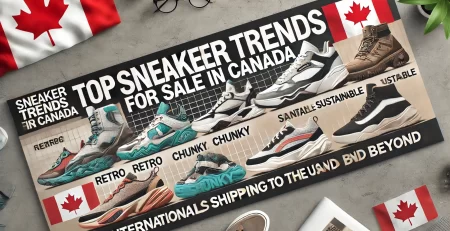 Banner for a blog titled 'Top Sneaker Trends for Sale in Canada,' featuring images of trendy sneakers in various styles with a subtle Canadian flag background.