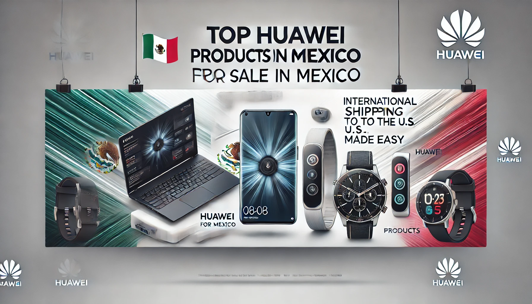 Banner for a blog titled 'Top Huawei Products for Sale in Mexico,' featuring images of a Huawei smartphone, laptop, and smartwatch with a subtle Mexican flag background."