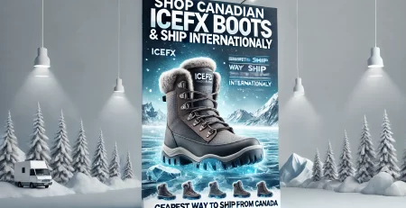 A banner featuring Canadian IceFx boots on a snowy, icy surface with a winter landscape in the background, promoting international shipping with the tagline "Shop Canadian IceFx Boots & Ship Internationally.