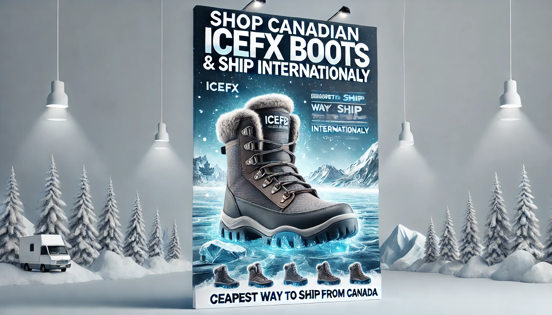 A banner featuring Canadian IceFx boots on a snowy, icy surface with a winter landscape in the background, promoting international shipping with the tagline "Shop Canadian IceFx Boots & Ship Internationally.