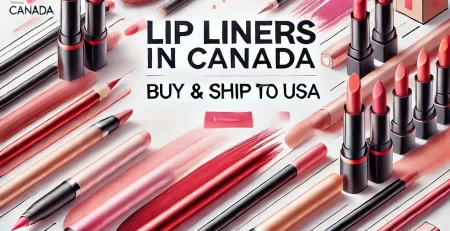 A vibrant banner featuring colorful lip liners in shades of pink, red, and nude on a clean white background with the text 'Lip Liners in Canada: Buy & Ship to USA' in bold, stylish typography, accompanied by subtle graphics of a lipstick and a shipping box.