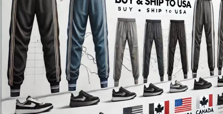 A sleek banner featuring tracksuit bottoms in black, grey, and navy blue on a clean white background, with the text ‘Tracksuit Bottoms in Canada: Buy & Ship to USA’ in bold typography. Includes subtle graphics of a shipping box and a Canada-USA map outline.