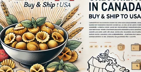 A vibrant banner featuring a bowl of orecchiette pasta garnished with basil and parmesan cheese on a clean white and light beige background. The text 'Orecchiette in Canada: Buy & Ship to USA' is displayed in bold typography with subtle icons of a shipping box and a Canada-USA map outline