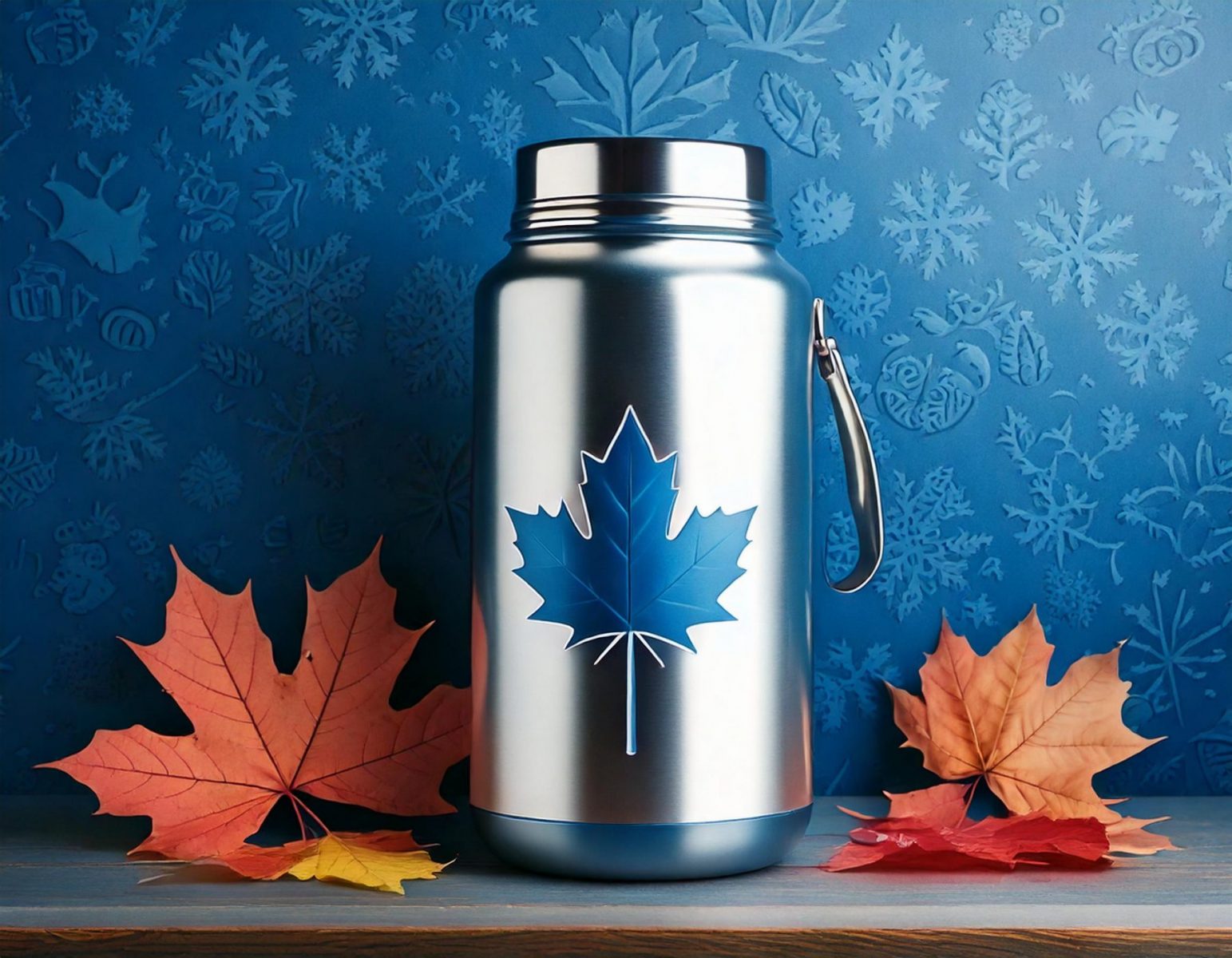 "Stainless steel YETI Rambler® 3.7 L Jug featured on a modern banner with a gradient blue and white background, accented by maple leaf and parcel icons representing Canada and shipping.