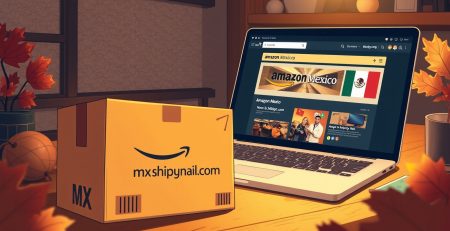 A modern workspace featuring a laptop displaying the Amazon Mexico website with product listings and an Amazon Mexico banner, alongside a branded mx.shipbymail.com parcel box with shipping labels showing Mexican and US flags and arrows indicating a shipping route from Mexico to the USA.