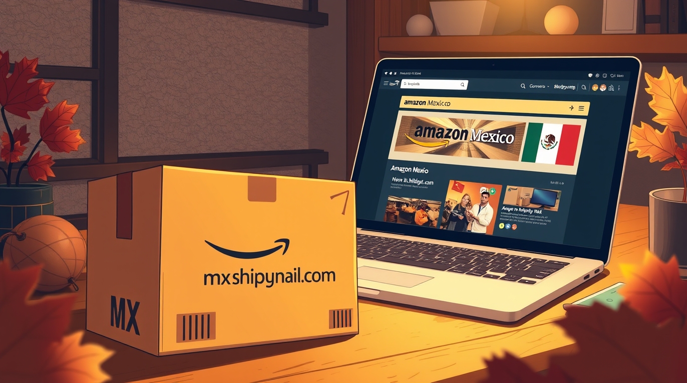 A modern workspace featuring a laptop displaying the Amazon Mexico website with product listings and an Amazon Mexico banner, alongside a branded mx.shipbymail.com parcel box with shipping labels showing Mexican and US flags and arrows indicating a shipping route from Mexico to the USA.