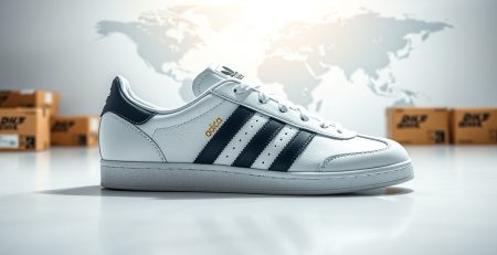 A pair of classic white Adidas Samba sneakers with black stripes on a minimalist surface, accompanied by small Canada and USA flags and shipping boxes in the background.