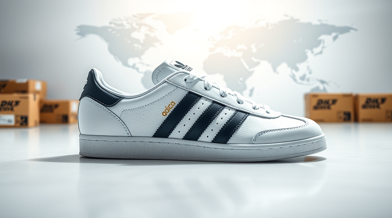 A pair of classic white Adidas Samba sneakers with black stripes on a minimalist surface, accompanied by small Canada and USA flags and shipping boxes in the background.