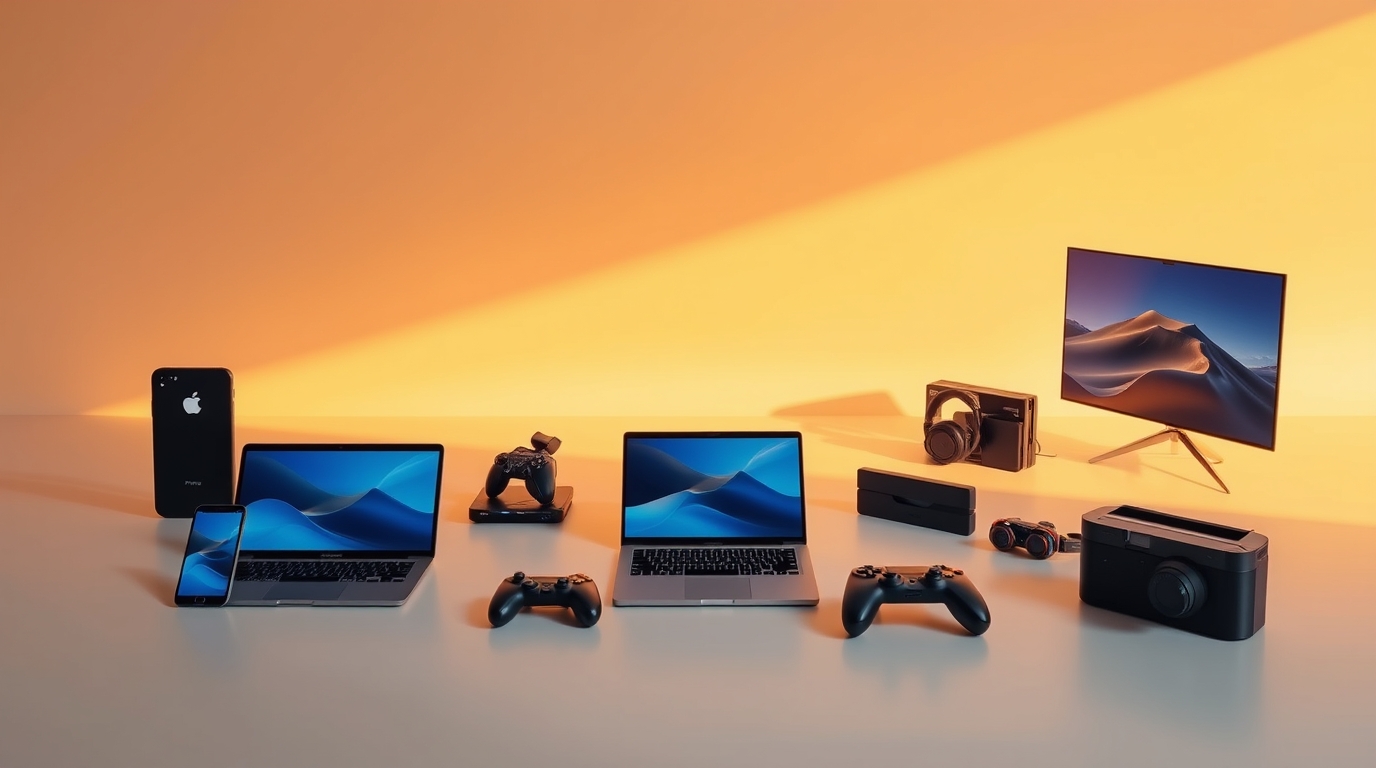 A high-resolution image featuring premium electronics—including an Apple smartphone, a Samsung tablet, and gaming accessories—artfully arranged on a sleek surface, with a ShipByMail parcel box in the background and subtle hints of Canadian and US flags indicating a cross-border shipping route.