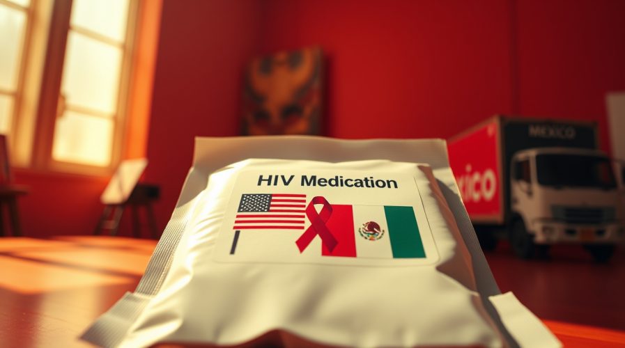 "Illustration of a secure shipment box labeled 'HIV Medication' decorated with American and Mexican flags, set against a subtle world map highlighting the USA and Mexico, with medical icons and shipping imagery.