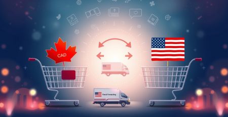 Comparison of online shopping in two countries, with a shopping cart on the Canadian side featuring CAD price tags and another cart on the USA side with USD price tags, connected by a parcel forwarding service delivering packages internationally