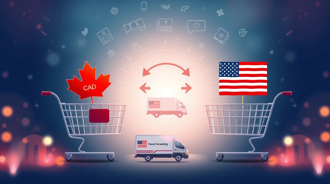 Comparison of online shopping in two countries, with a shopping cart on the Canadian side featuring CAD price tags and another cart on the USA side with USD price tags, connected by a parcel forwarding service delivering packages internationally