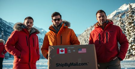 Models showcasing premium Canadian winter jackets in a snowy landscape with a parcel displaying a ShipByMail.com label, symbolizing shipping from Canada to USA.